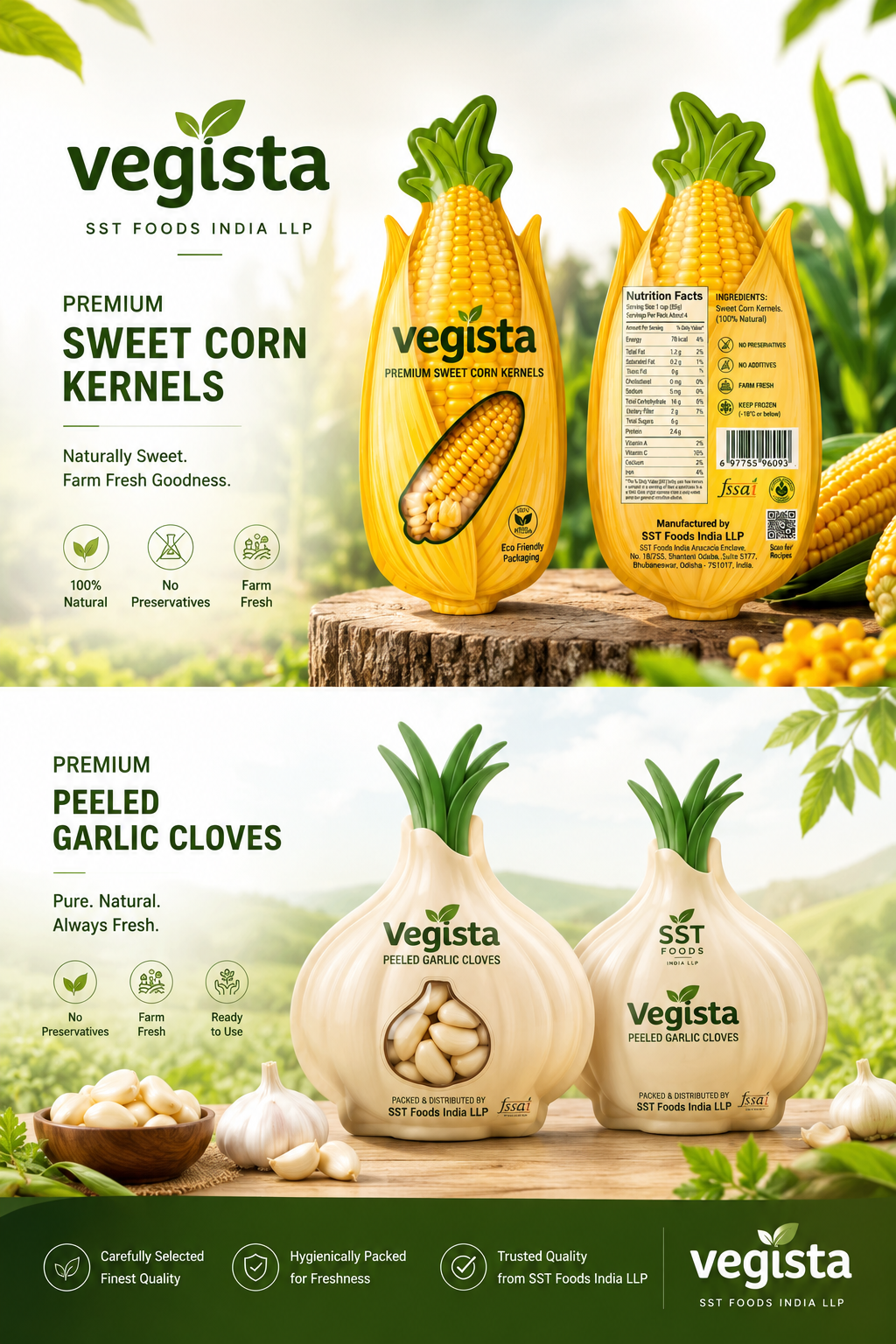 Aroma Frost Sweet Corn and Peeled Garlic packs